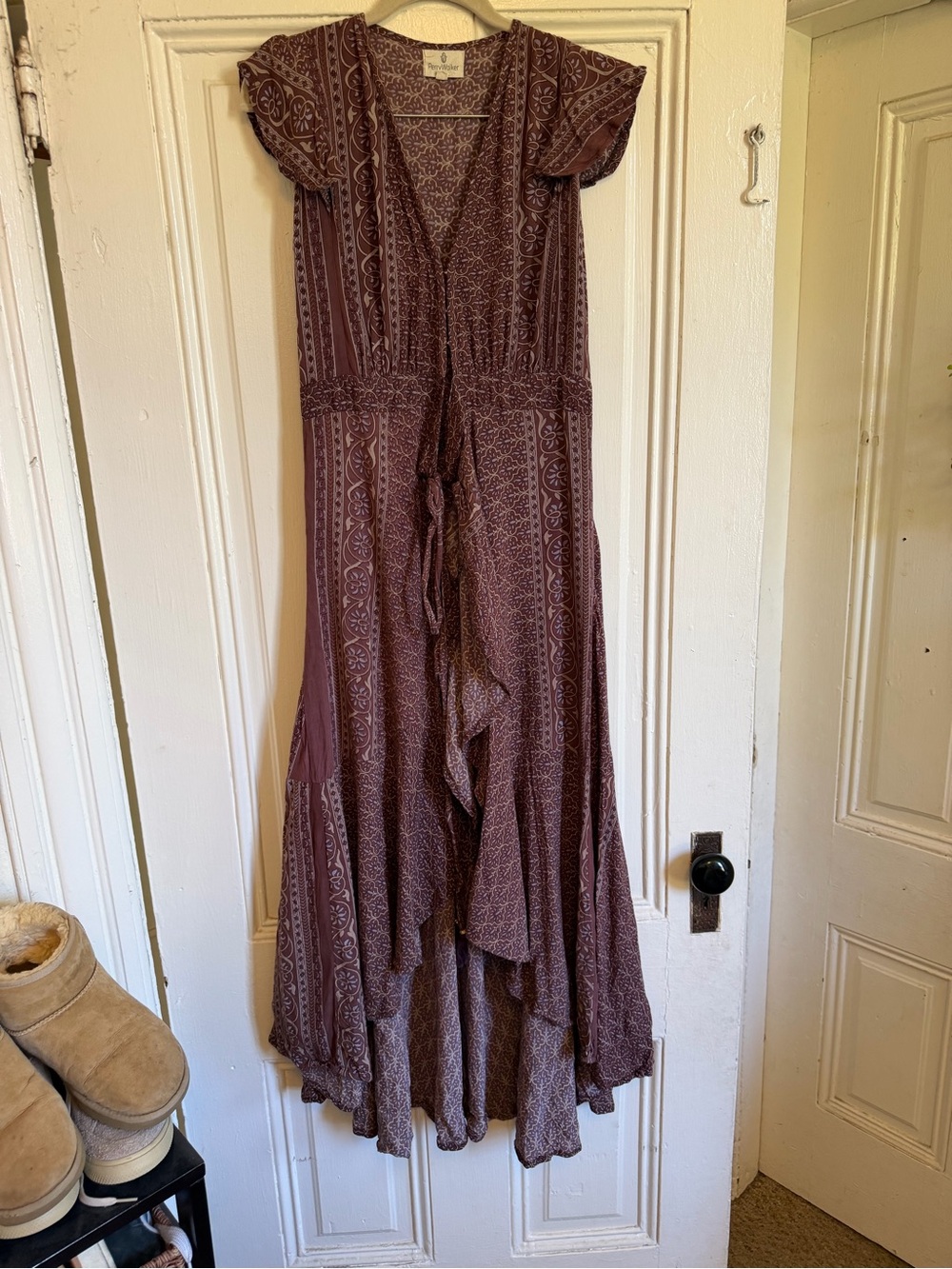 Boho Mauve Printed Maxi Dress/duster with Ruffle Front size 2-6
